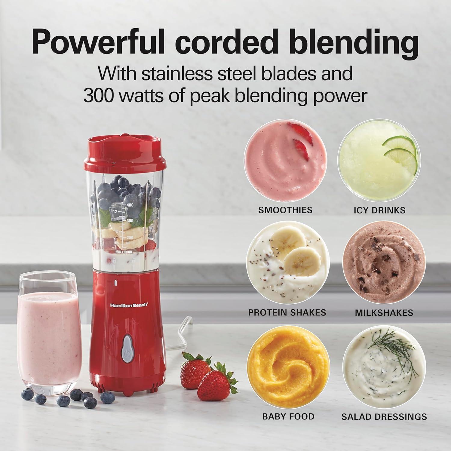 imageHamilton Beach Portable for Shakes and Smoothies 14 Oz BPA Free Travel Cup amp Lid Durable Stainless Steel Blades Personal Smoothie Black 51101AGRed