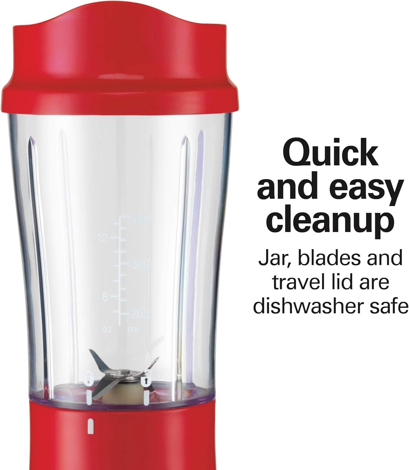 imageHamilton Beach Portable for Shakes and Smoothies 14 Oz BPA Free Travel Cup amp Lid Durable Stainless Steel Blades Personal Smoothie Black 51101AGRed