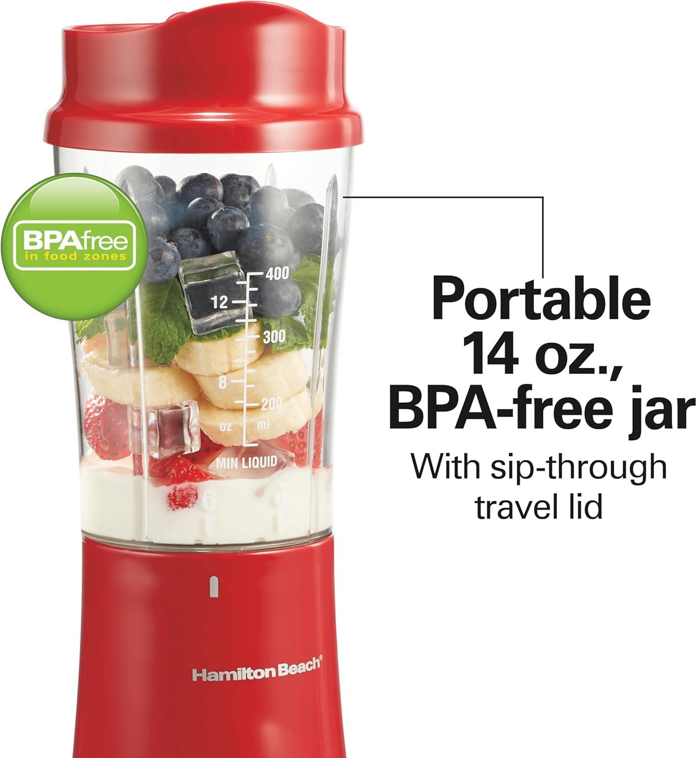 imageHamilton Beach Portable for Shakes and Smoothies 14 Oz BPA Free Travel Cup amp Lid Durable Stainless Steel Blades Personal Smoothie Black 51101AGRed