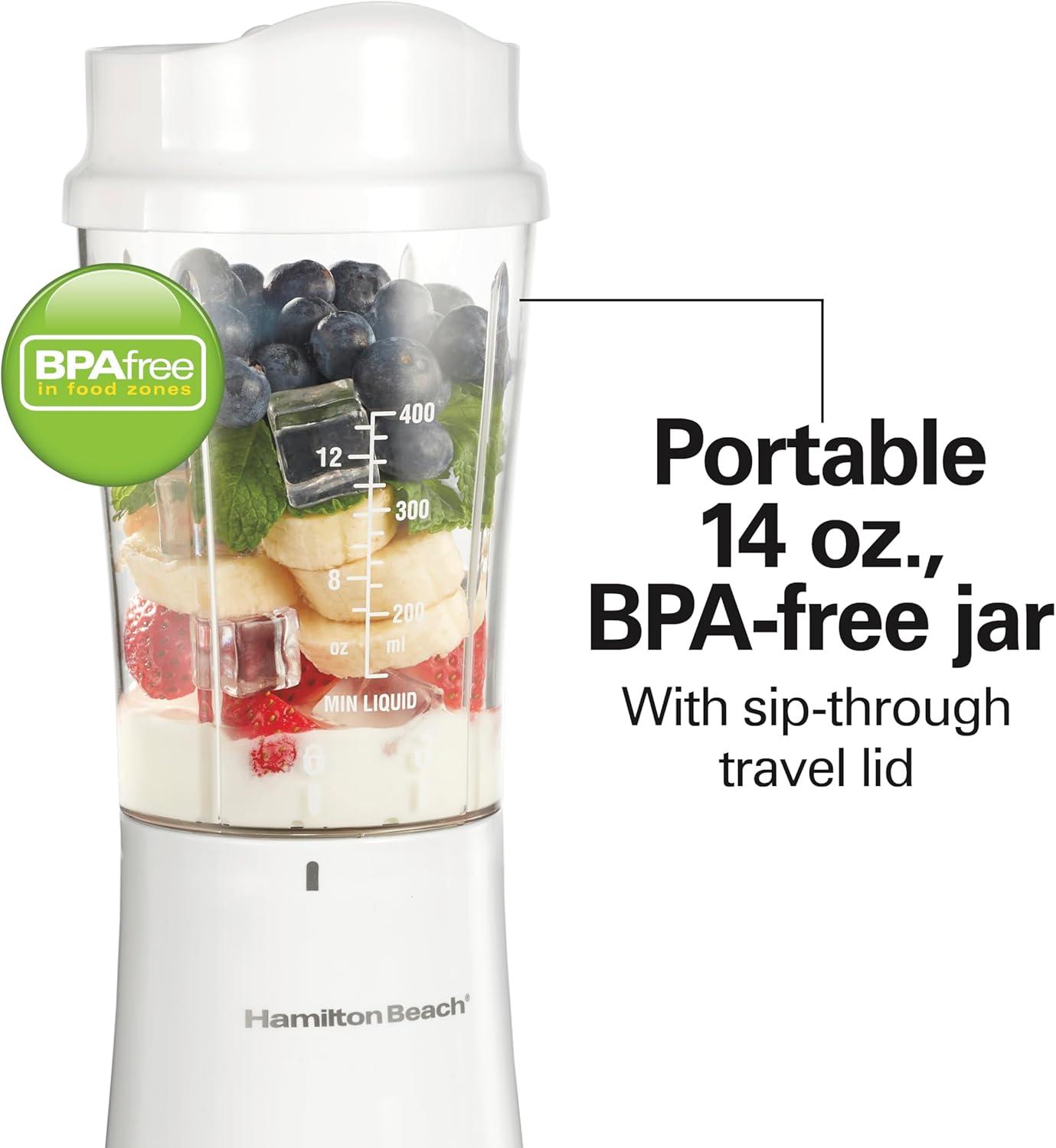 imageHamilton Beach Portable for Shakes and Smoothies 14 Oz BPA Free Travel Cup amp Lid Durable Stainless Steel Blades Personal Smoothie Black 51101AGWhite