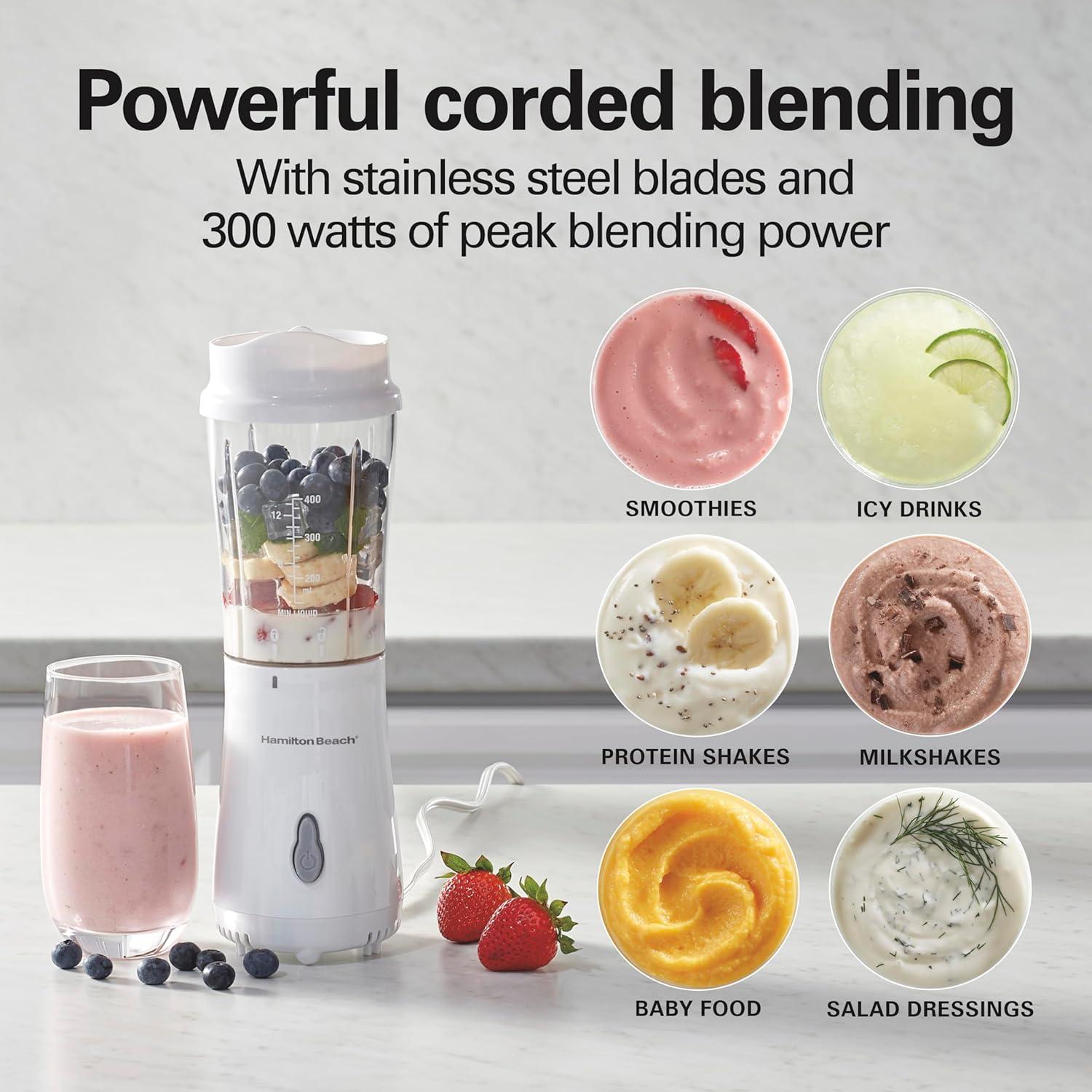 imageHamilton Beach Portable for Shakes and Smoothies 14 Oz BPA Free Travel Cup amp Lid Durable Stainless Steel Blades Personal Smoothie Black 51101AGWhite