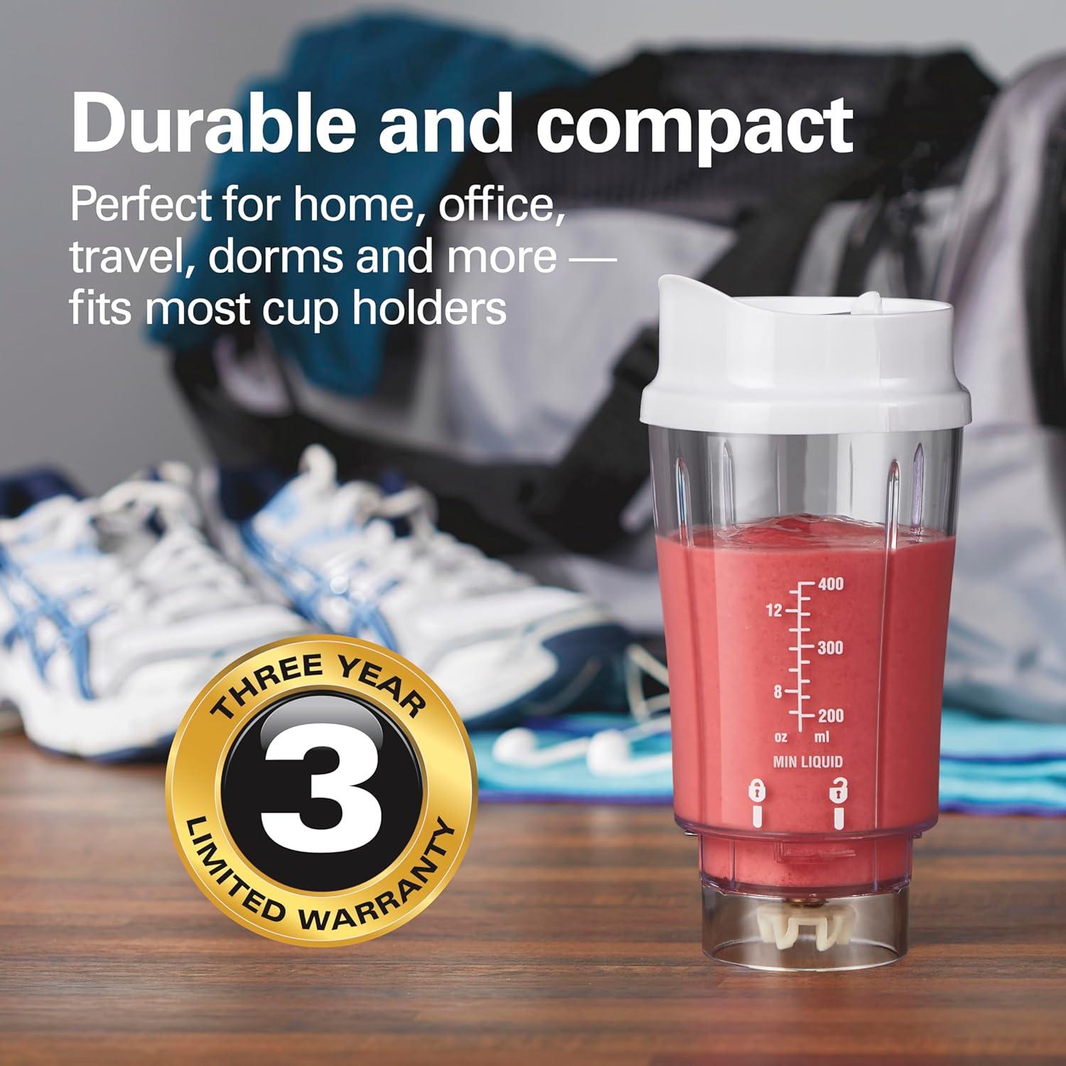 imageHamilton Beach Portable for Shakes and Smoothies 14 Oz BPA Free Travel Cup amp Lid Durable Stainless Steel Blades Personal Smoothie Black 51101AGWhite