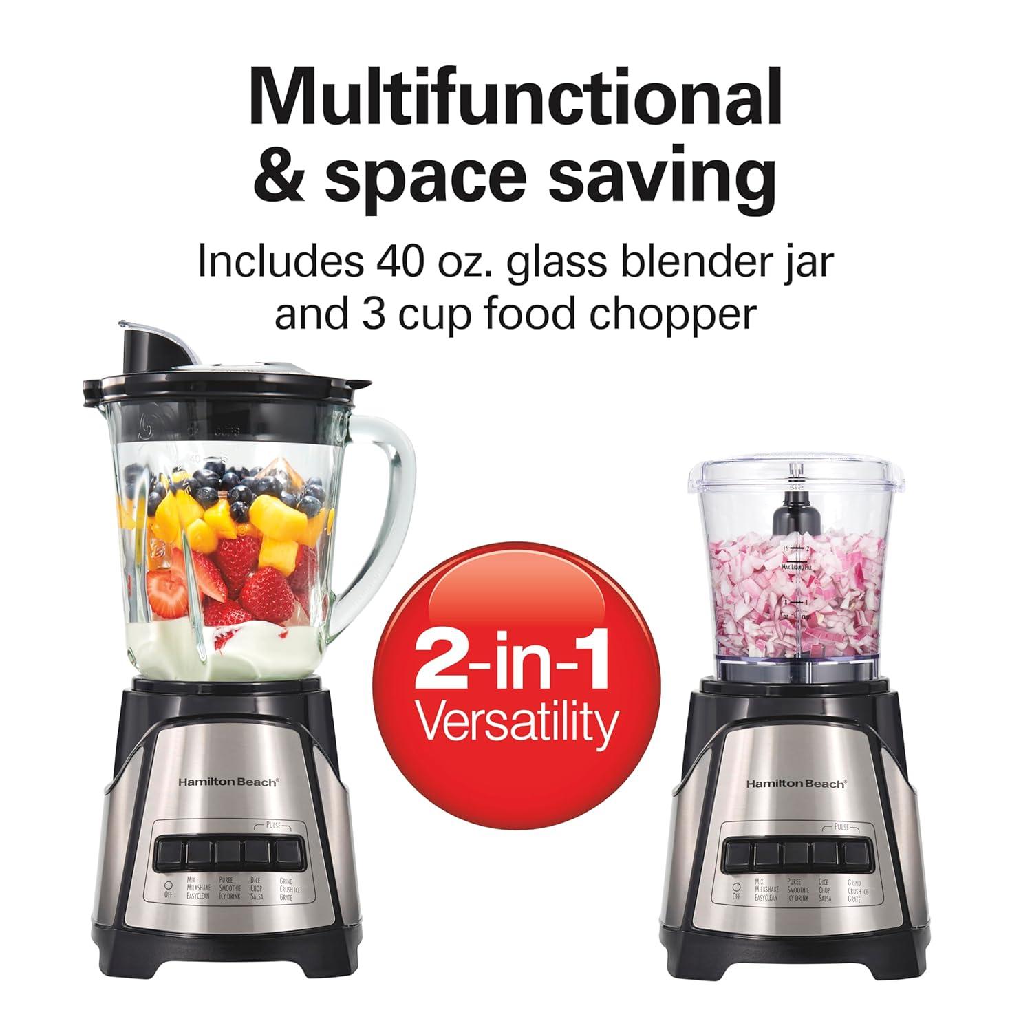 imageHamilton Beach Power Elite Blender for Smoothies with 3Cup Vegetable Chopper Mini Food Processor 40oz Glass Jar 12 Functions for Puree Ice Crush Black and Stainless Steel 58149 3 Cup Vegetable Chopper Black