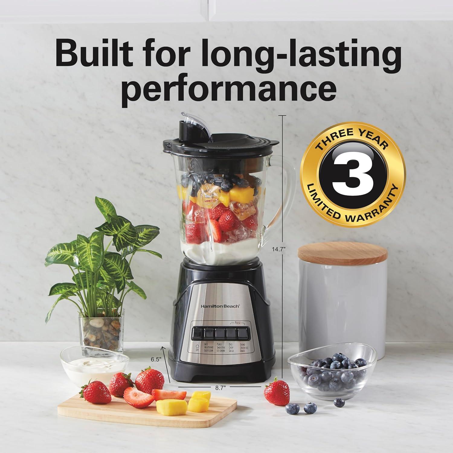 imageHamilton Beach Power Elite Blender for Smoothies with 3Cup Vegetable Chopper Mini Food Processor 40oz Glass Jar 12 Functions for Puree Ice Crush Black and Stainless Steel 58149Black
