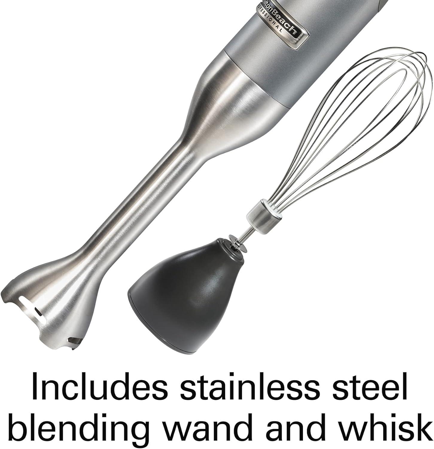 imageHamilton Beach Professional Electric Hand Immersion Blender with Variable Speed LED Screen 300 Watts of Peak Power Stainless Steel Whisk and Blade Silver 59750