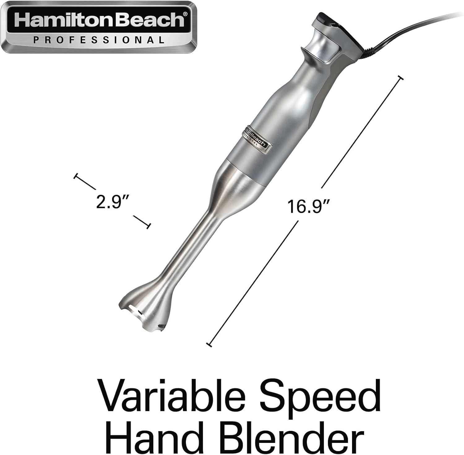 imageHamilton Beach Professional Electric Hand Immersion Blender with Variable Speed LED Screen 300 Watts of Peak Power Stainless Steel Whisk and Blade Silver 59750