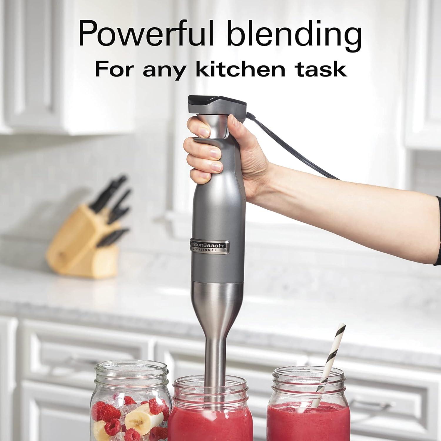 imageHamilton Beach Professional Electric Hand Immersion Blender with Variable Speed LED Screen 300 Watts of Peak Power Stainless Steel Whisk and Blade Silver 59750