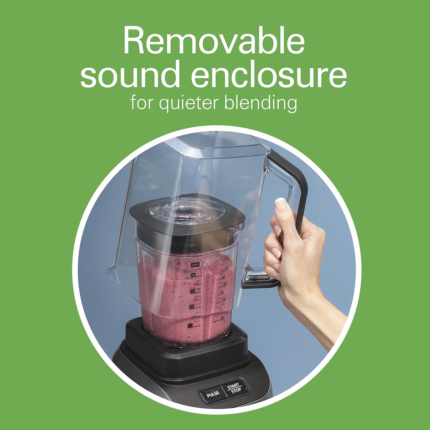 imageHamilton Beach Professional Quiet Shield Blender 1500 Watts Peak Power 32oz BPA Free Jar 4 Programs amp Variable Speed Dial for Smoothies Ice Crush Puree Silver 58870