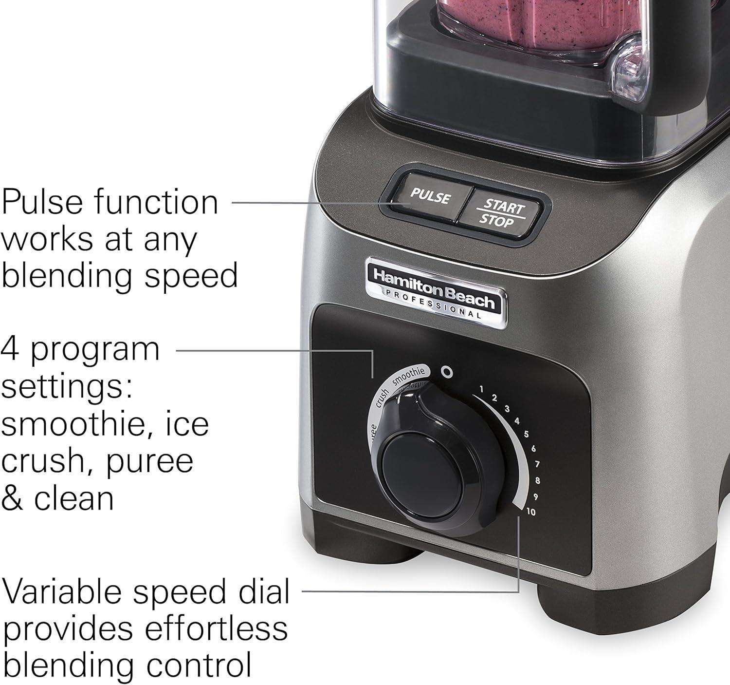 imageHamilton Beach Professional Quiet Shield Blender 1500 Watts Peak Power 32oz BPA Free Jar 4 Programs amp Variable Speed Dial for Smoothies Ice Crush Puree Silver 58870
