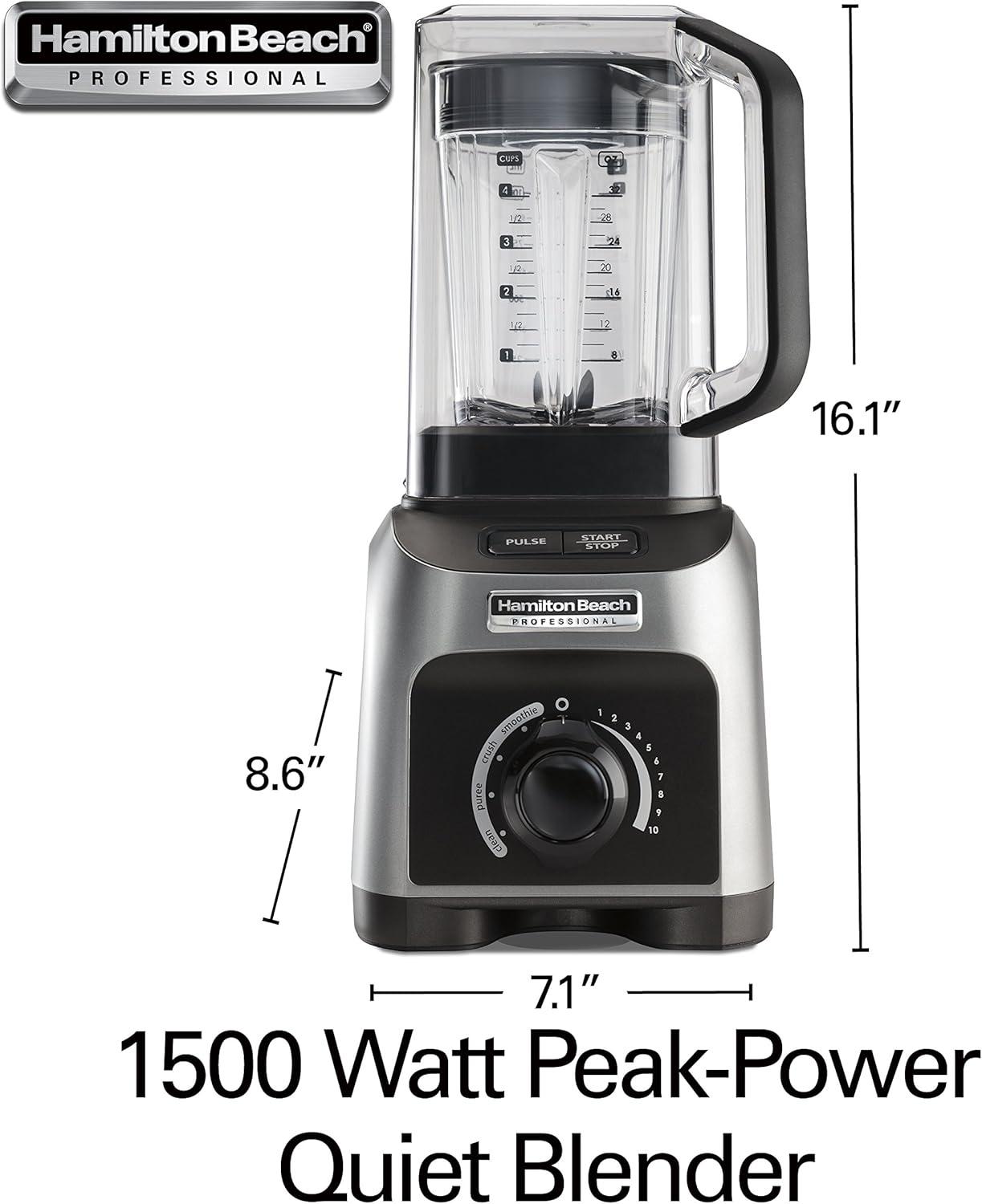 imageHamilton Beach Professional Quiet Shield Blender 1500 Watts Peak Power 32oz BPA Free Jar 4 Programs amp Variable Speed Dial for Smoothies Ice Crush Puree Silver 58870