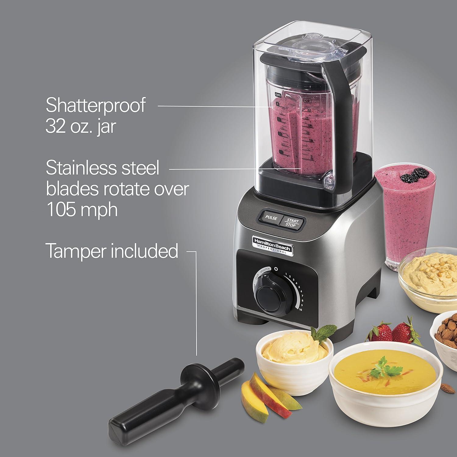 imageHamilton Beach Professional Quiet Shield Blender 1500 Watts Peak Power 32oz BPA Free Jar 4 Programs amp Variable Speed Dial for Smoothies Ice Crush Puree Silver 58870