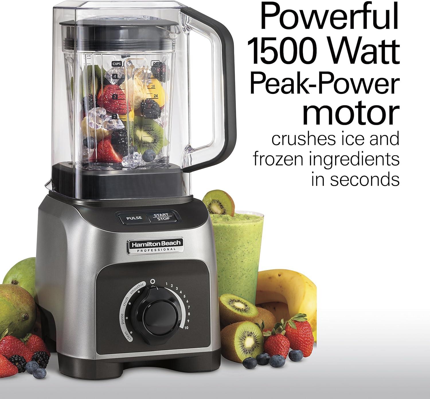 imageHamilton Beach Professional Quiet Shield Blender 1500 Watts Peak Power 32oz BPA Free Jar 4 Programs amp Variable Speed Dial for Smoothies Ice Crush Puree Silver 58870