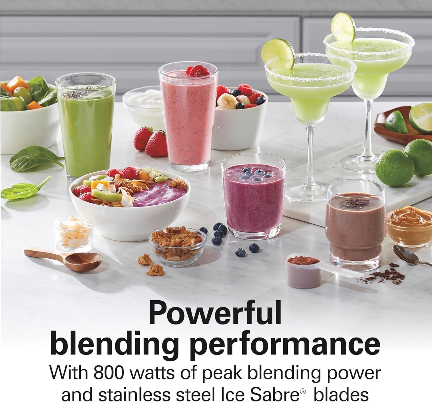 imageHamilton Beach Wave Action Blender for Smoothies Stainless Steel Ice Sabre Blades 40oz Glass Jar 20oz BlendIn Portable Travel Jar 800 Watts Quiet Design Gray 58181