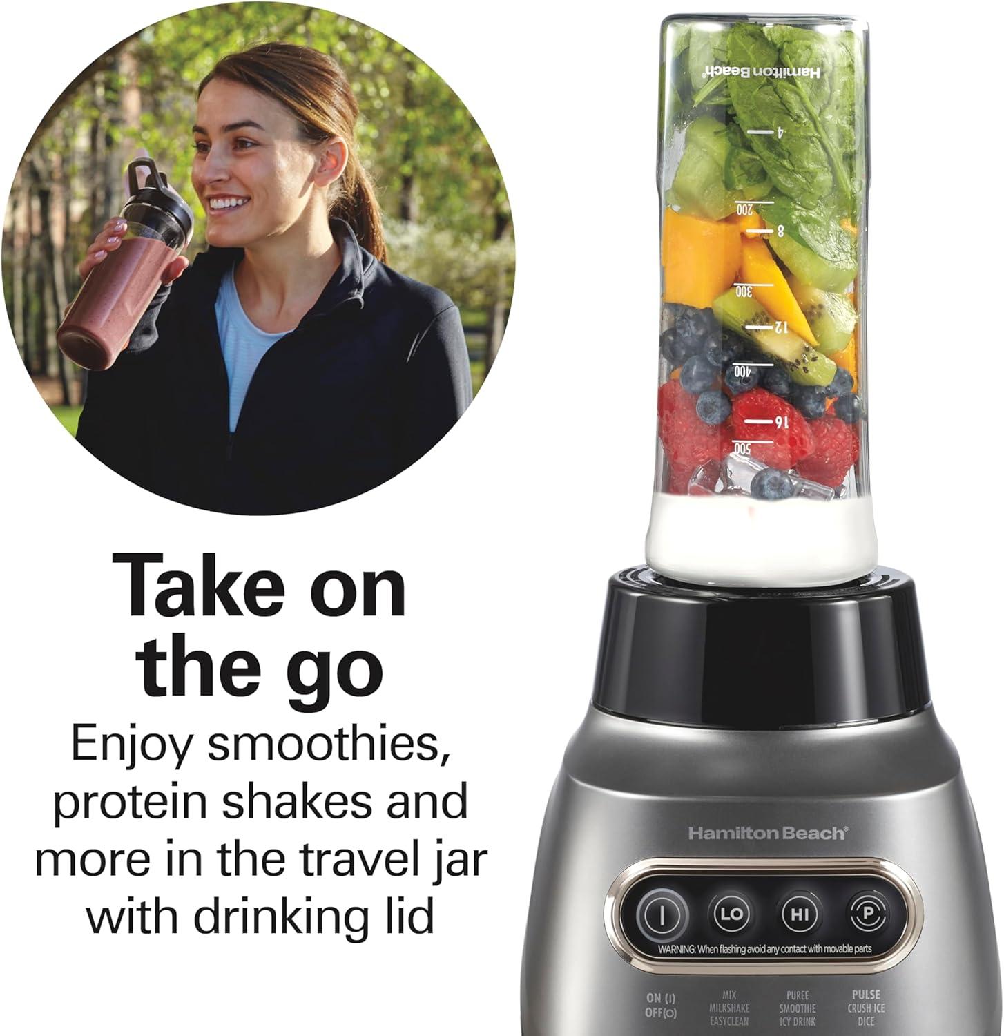 imageHamilton Beach Wave Action Blender for Smoothies Stainless Steel Ice Sabre Blades 40oz Glass Jar 20oz BlendIn Portable Travel Jar 800 Watts Quiet Design Gray 58181