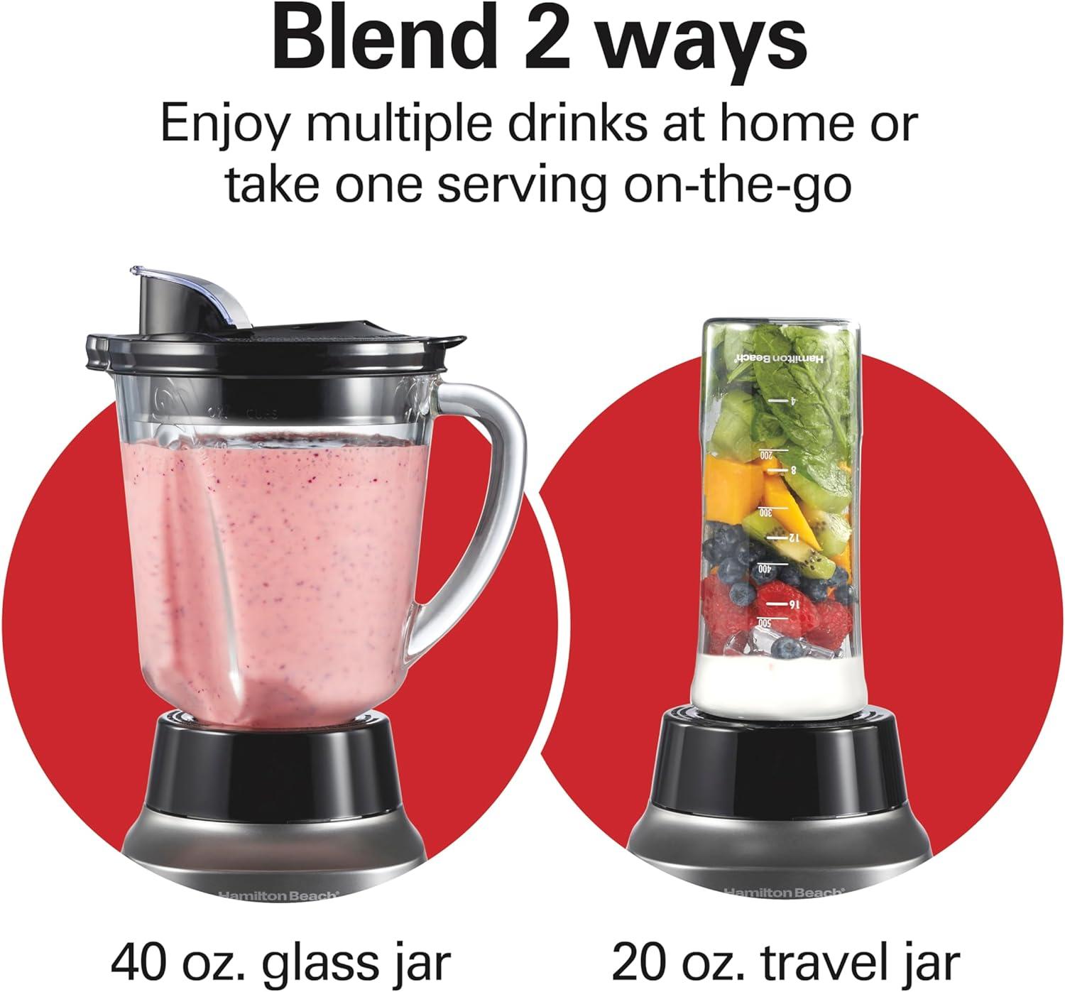 imageHamilton Beach Wave Action Blender for Smoothies Stainless Steel Ice Sabre Blades 40oz Glass Jar 20oz BlendIn Portable Travel Jar 800 Watts Quiet Design Gray 58181