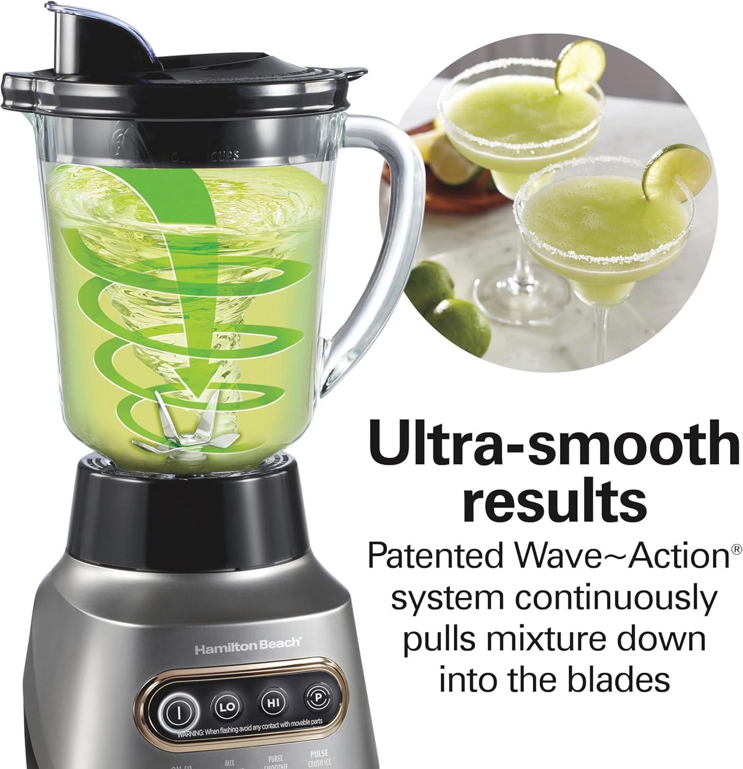 imageHamilton Beach Wave Action Blender for Smoothies Stainless Steel Ice Sabre Blades 40oz Glass Jar 20oz BlendIn Portable Travel Jar 800 Watts Quiet Design Gray 58181