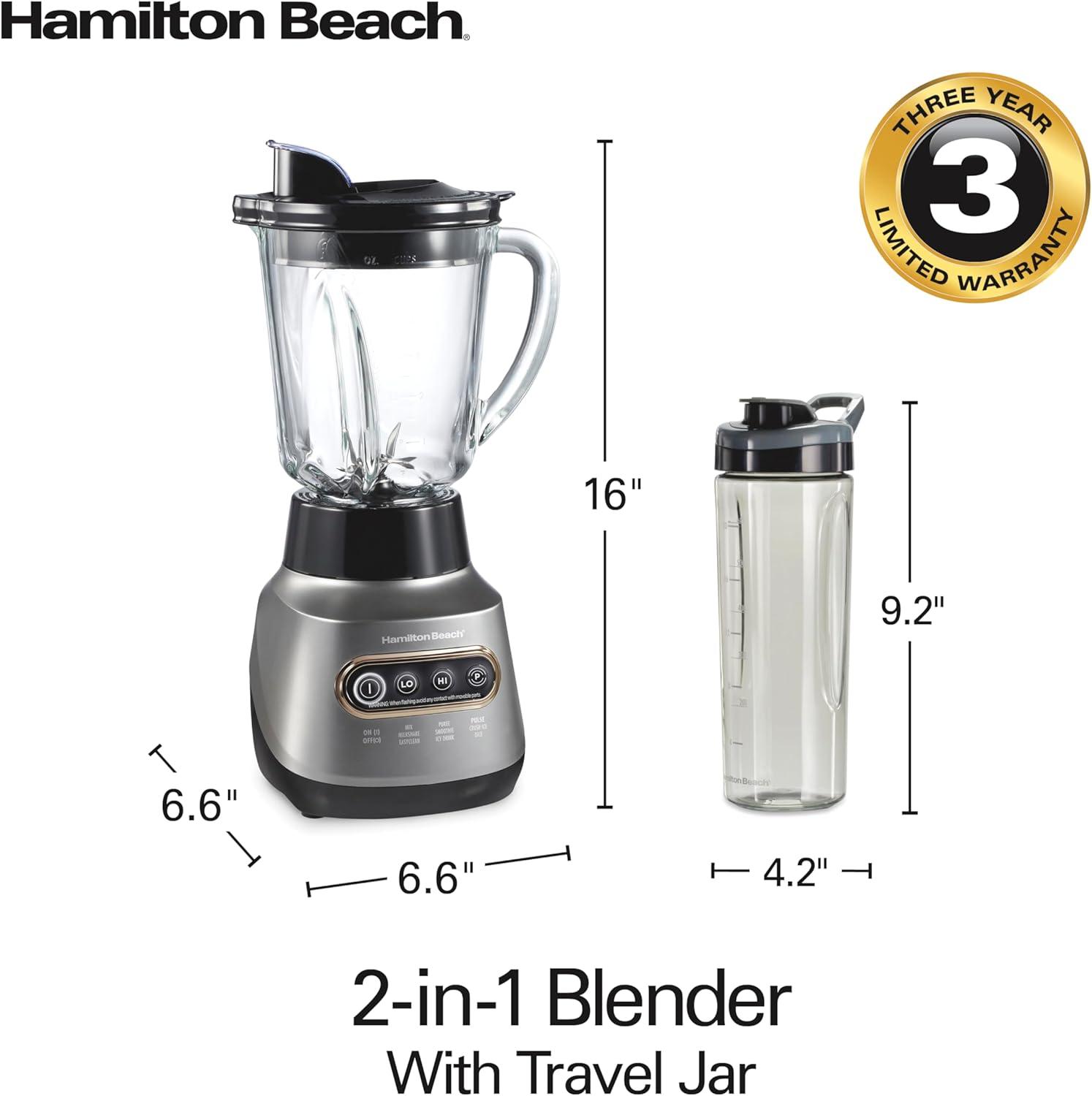 imageHamilton Beach Wave Action Blender for Smoothies Stainless Steel Ice Sabre Blades 40oz Glass Jar 20oz BlendIn Portable Travel Jar 800 Watts Quiet Design Gray 58181