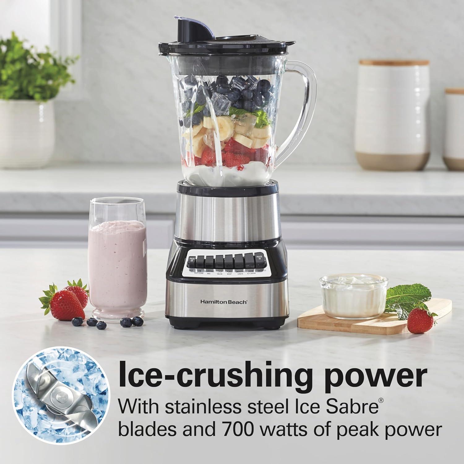 imageHamilton Beach Wave Crusher Blender for Smoothies With 40 Oz Glass Jar and 14 Functions Ice Sabre Blades amp 700 Watts for Consistently Smooth Results Black amp Stainless Steel 54220Stainless Steel