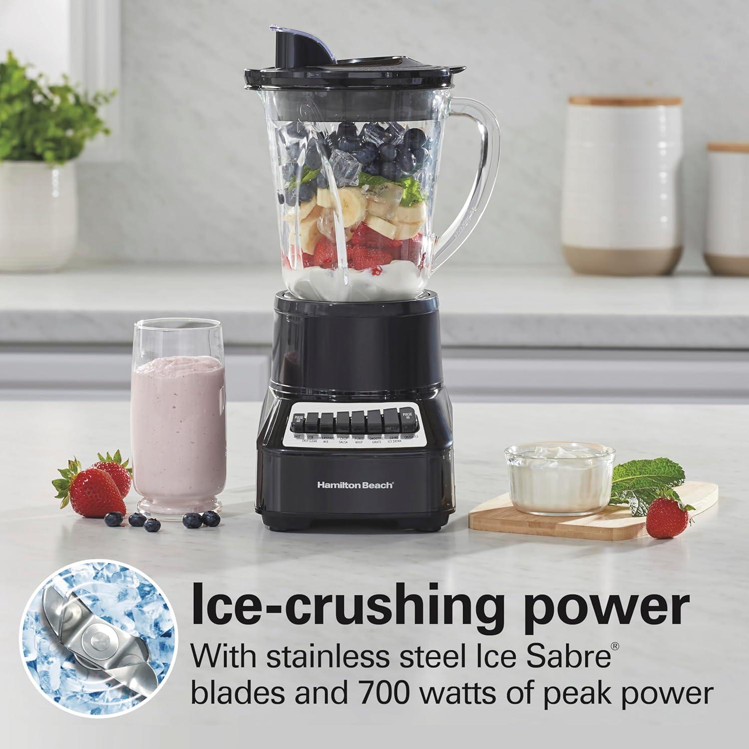 imageHamilton Beach Wave Crusher Blender for Smoothies With 40 Oz Glass Jar and 14 Functions Ice Sabre Blades amp 700 Watts for Consistently Smooth Results Black amp Stainless Steel 54220Black