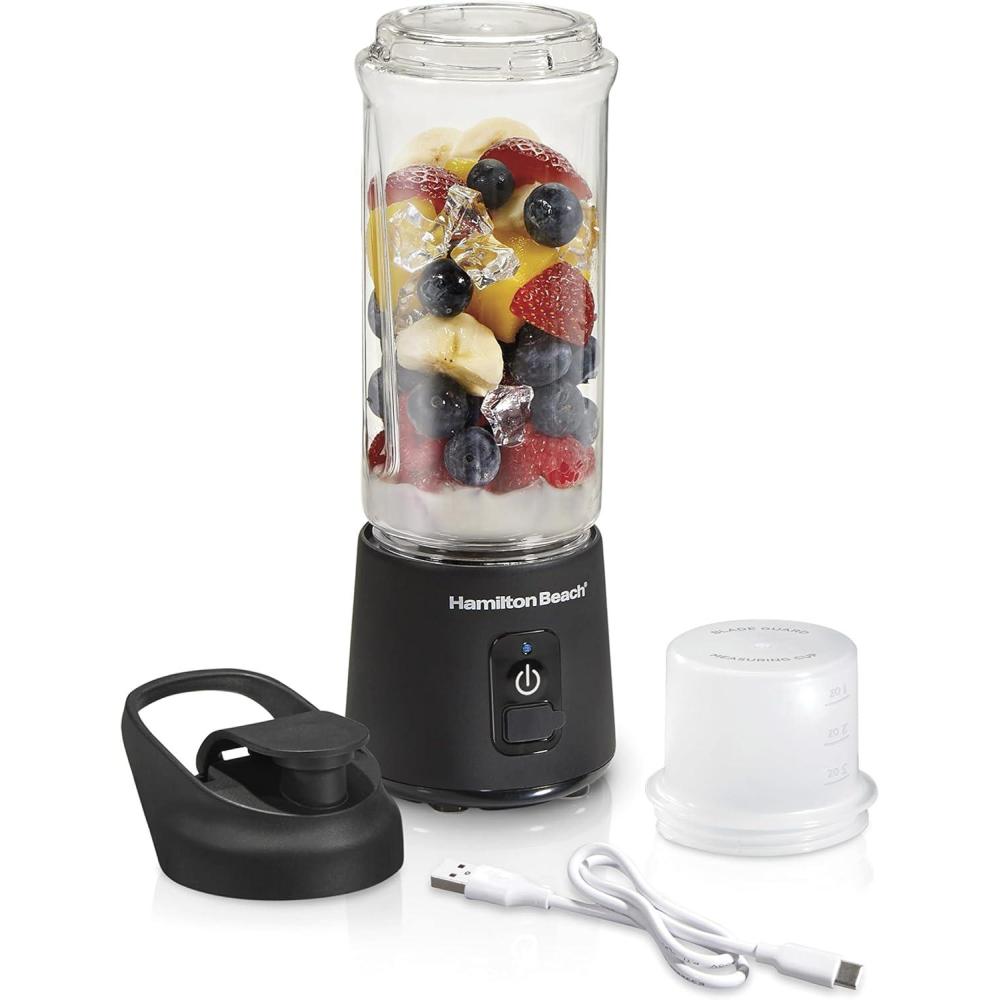 imageHamilton Beach Mini Cordless Portable Personal Blender for Shakes and Smoothies USB Rechargeable 16 oz Jar with Leakproof Travel Lid 6 Stainless Steel Blades Blue 51182Black