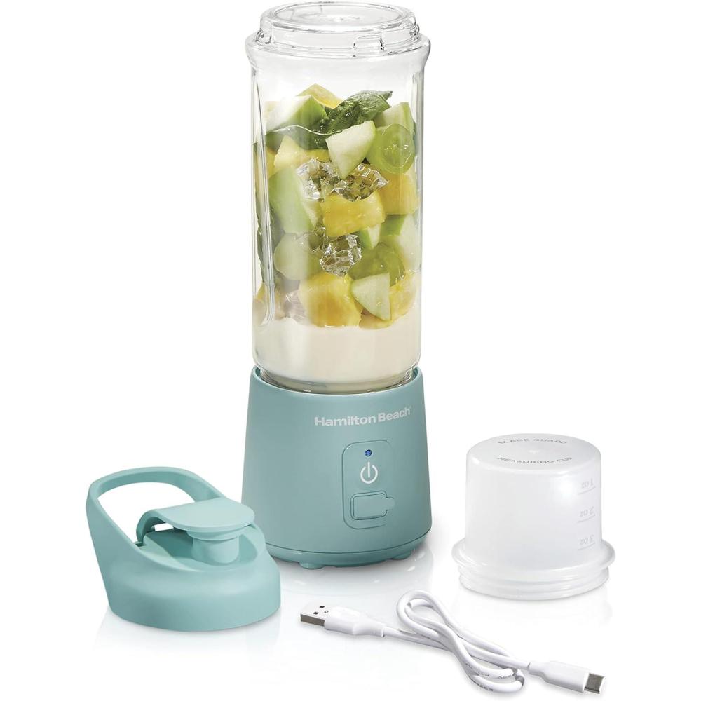 imageHamilton Beach Mini Cordless Portable Personal Blender for Shakes and Smoothies USB Rechargeable 16 oz Jar with Leakproof Travel Lid 6 Stainless Steel Blades Blue 51182Blue