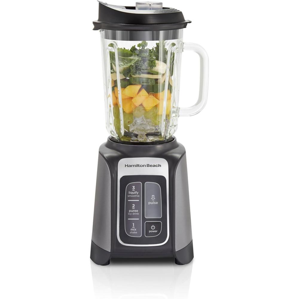 imageHamilton Beach PowerMax ProfessionalPerformance Blender for Shakes and Smoothies Puree and Ice Crush 48oz BPAFree Glass Jar 1680 Peak Watts Stainless Steel Blades Gray 58600J