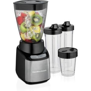 Hamilton Beach MultiBlend Smoothie Blender with 4 Shatterproof BPA Free Jars and Lids; Large 32oz Jar, 8oz Grinder for Nuts & Spices, and 2 Portable Travel Cups, 650 Watts, Black and Stainless (52400)(32oz Jar)