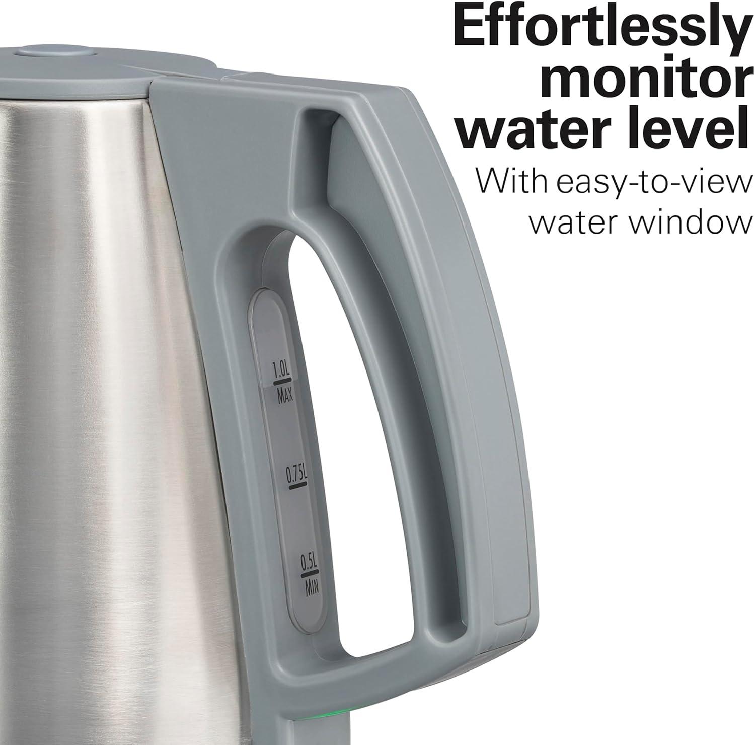 imageHamilton Beach 1 Liter Electric Kettle Water Boiler amp Heater Fast 1500 Watts BPA Free Interior Cordless Serving AutoShutoff and BoilDry Protection Cord Wrap Stainless Steel 41065