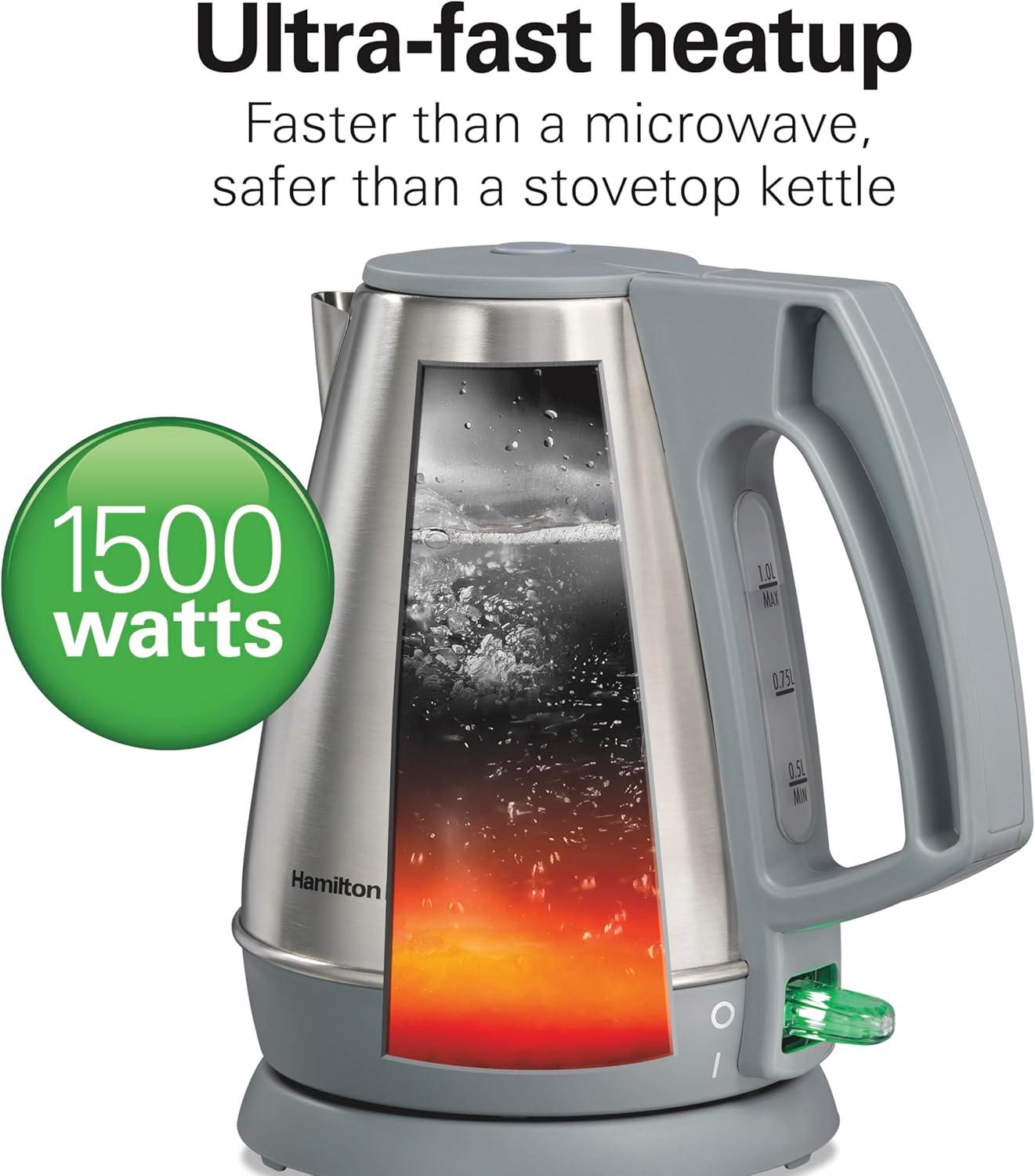 imageHamilton Beach 1 Liter Electric Kettle Water Boiler amp Heater Fast 1500 Watts BPA Free Interior Cordless Serving AutoShutoff and BoilDry Protection Cord Wrap Stainless Steel 41065