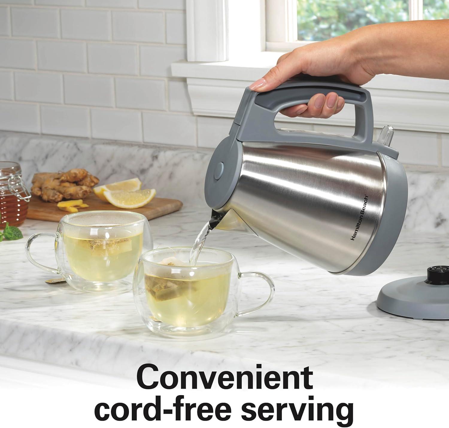 imageHamilton Beach 1 Liter Electric Kettle Water Boiler amp Heater Fast 1500 Watts BPA Free Interior Cordless Serving AutoShutoff and BoilDry Protection Cord Wrap Stainless Steel 41065