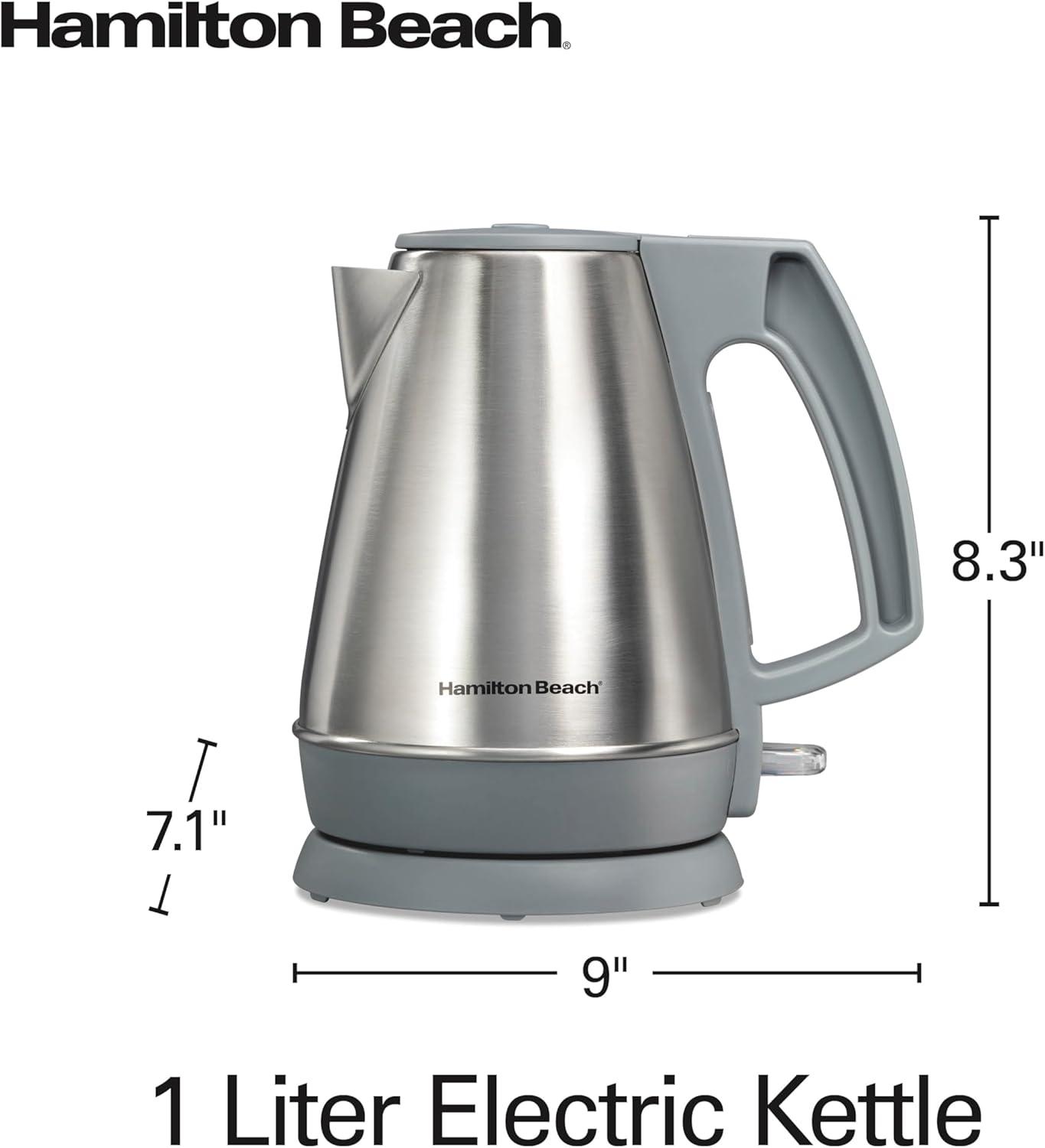 imageHamilton Beach 1 Liter Electric Kettle Water Boiler amp Heater Fast 1500 Watts BPA Free Interior Cordless Serving AutoShutoff and BoilDry Protection Cord Wrap Stainless Steel 41065