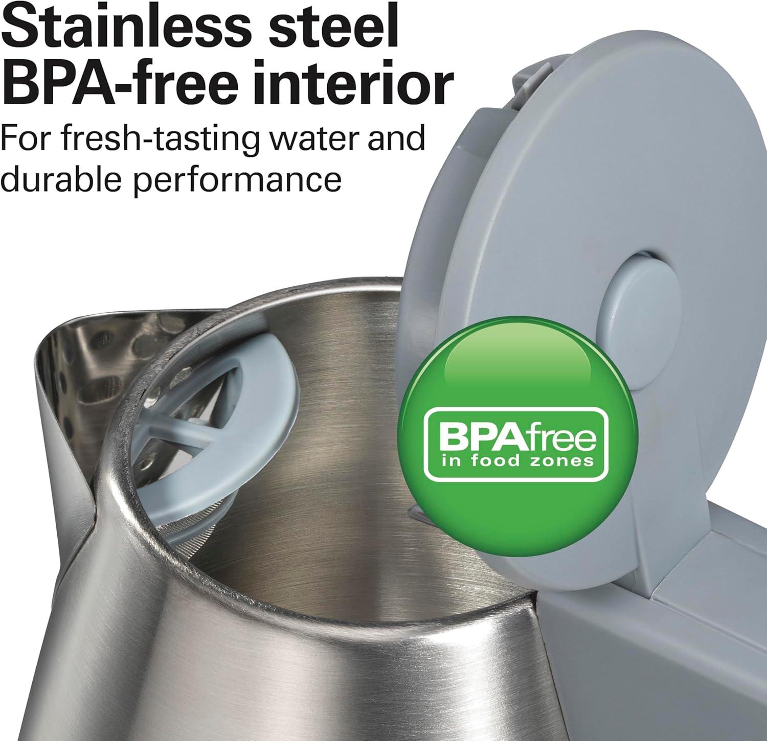 imageHamilton Beach 1 Liter Electric Kettle Water Boiler amp Heater Fast 1500 Watts BPA Free Interior Cordless Serving AutoShutoff and BoilDry Protection Cord Wrap Stainless Steel 41065