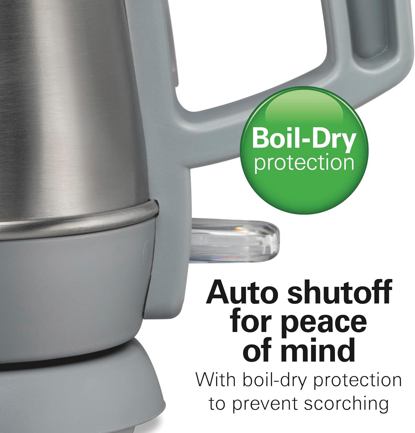 imageHamilton Beach 1 Liter Electric Kettle Water Boiler amp Heater Fast 1500 Watts BPA Free Interior Cordless Serving AutoShutoff and BoilDry Protection Cord Wrap Stainless Steel 41065