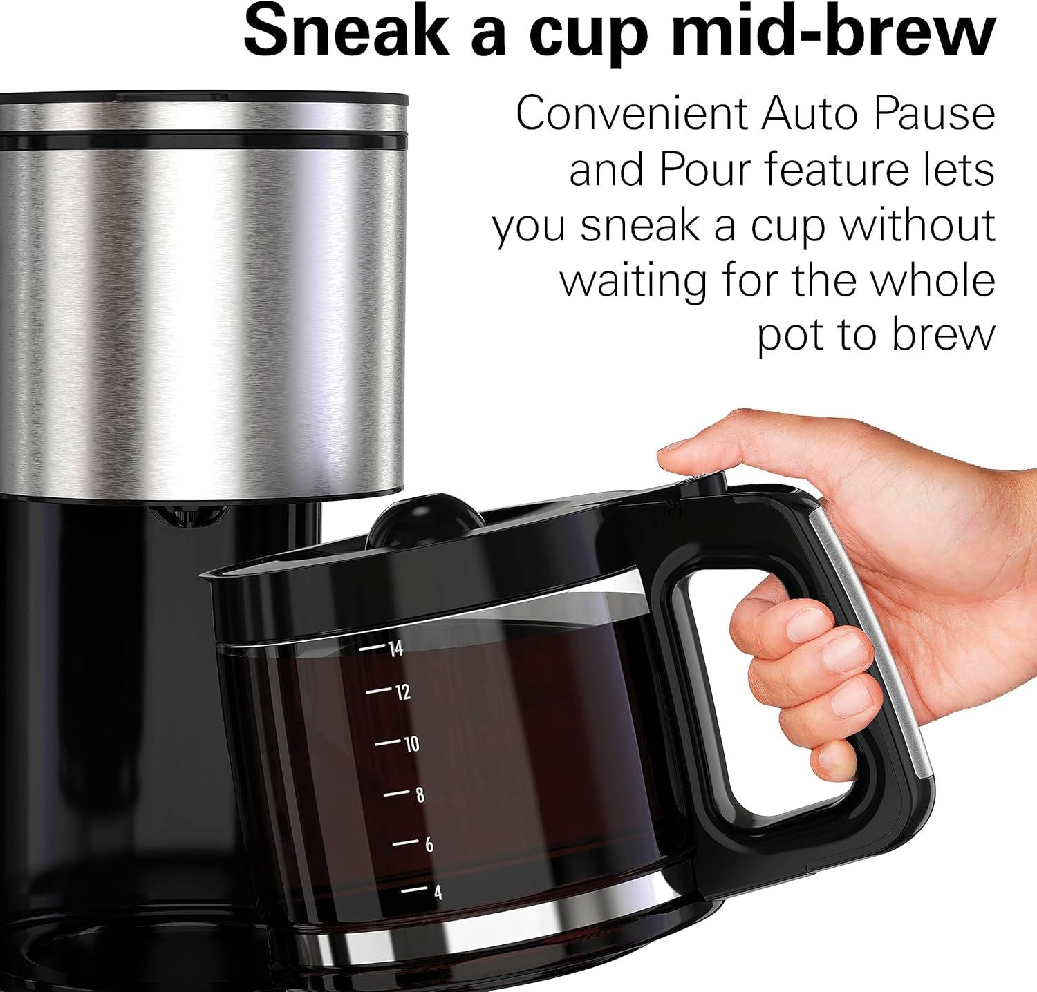 imageHamilton Beach 14 Cup Programmable Coffee Maker with Easy Measure Light Up Reusable Filter Removable 70 Oz Water Reservoir Black and Stainless Steel