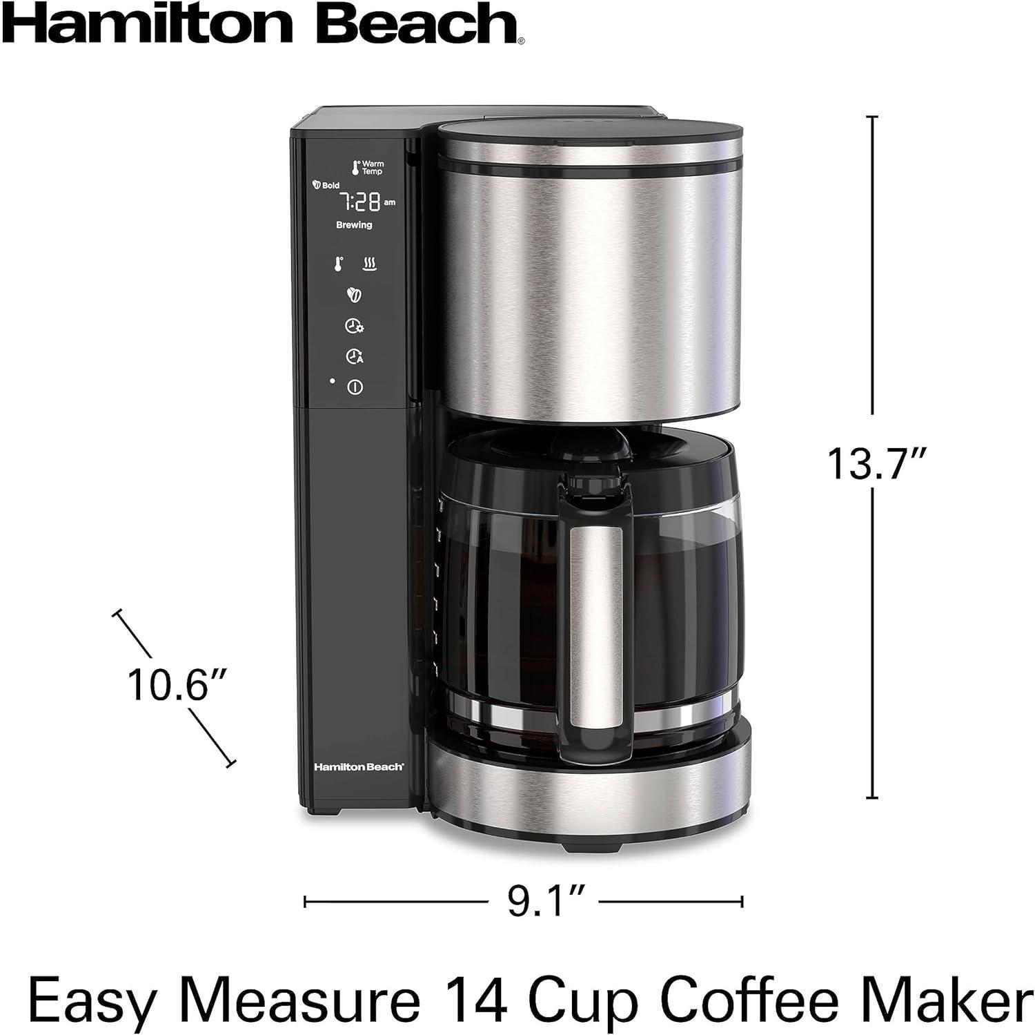 imageHamilton Beach 14 Cup Programmable Coffee Maker with Easy Measure Light Up Reusable Filter Removable 70 Oz Water Reservoir Black and Stainless Steel