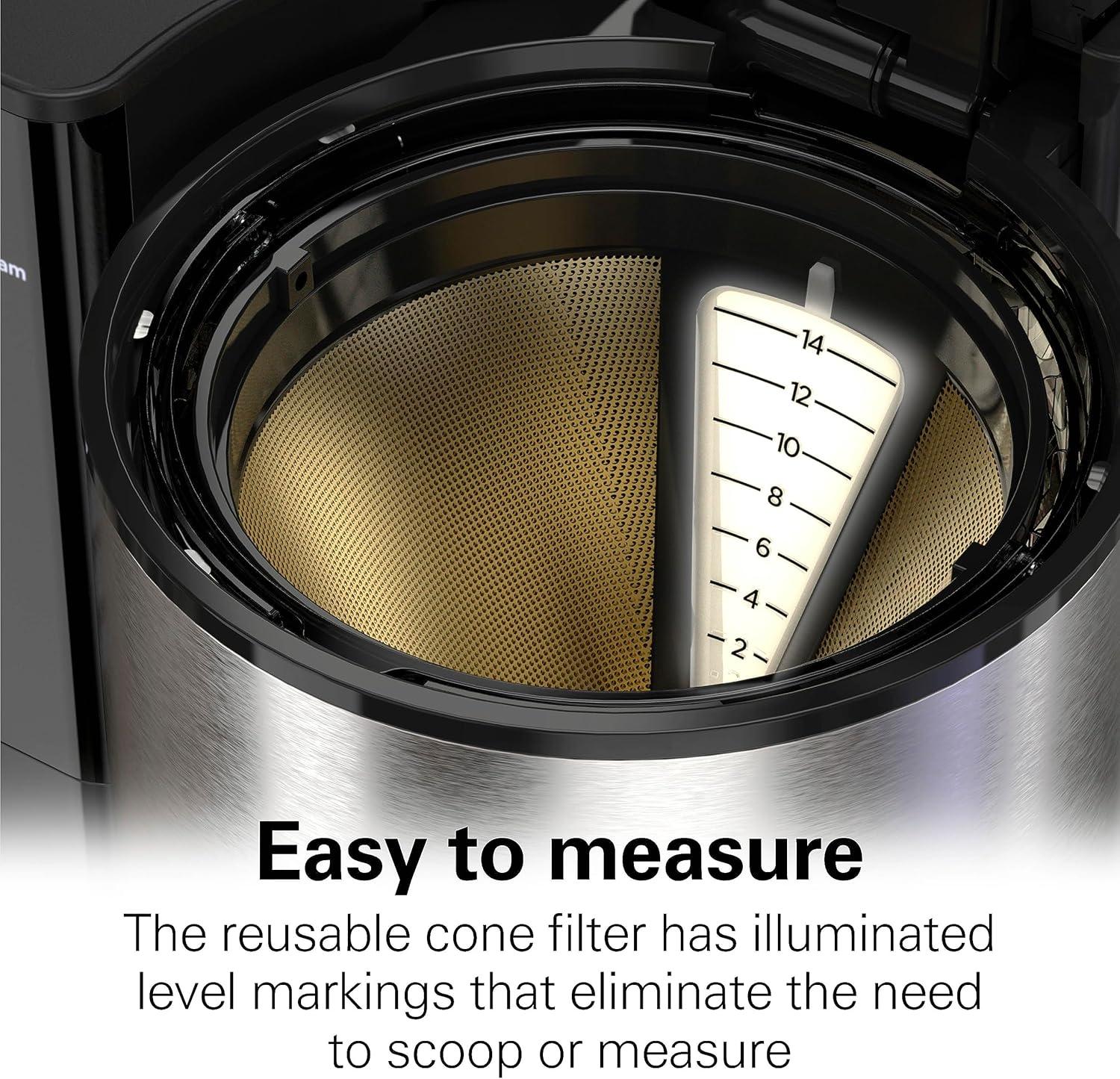 imageHamilton Beach 14 Cup Programmable Coffee Maker with Easy Measure Light Up Reusable Filter Removable 70 Oz Water Reservoir Black and Stainless Steel