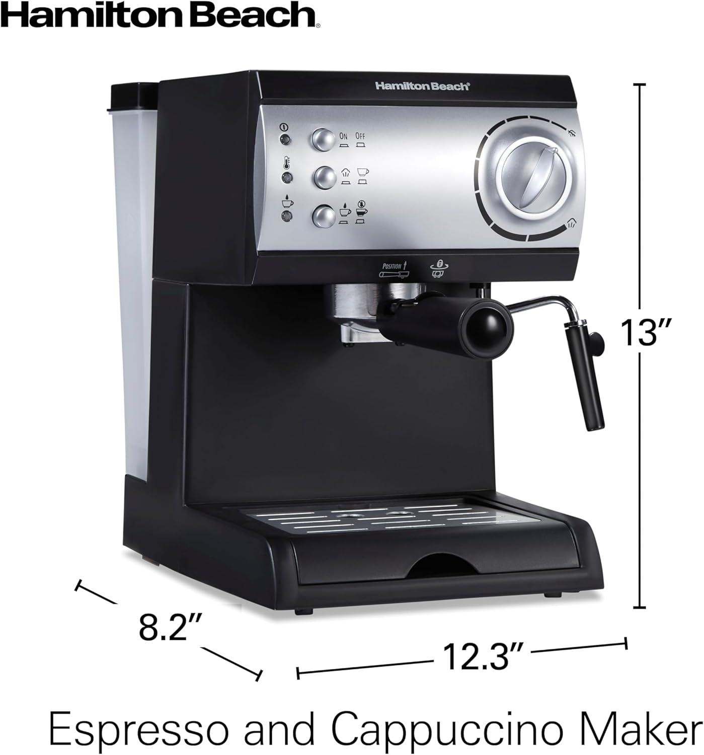 imageHamilton Beach 15 Bar Espresso Machine Cappuccino Mocha amp Latte Maker with Milk Frother Make 2 Cups Simultaneously Works with Pods or Ground Coffee 50 oz Water Reservoir Black