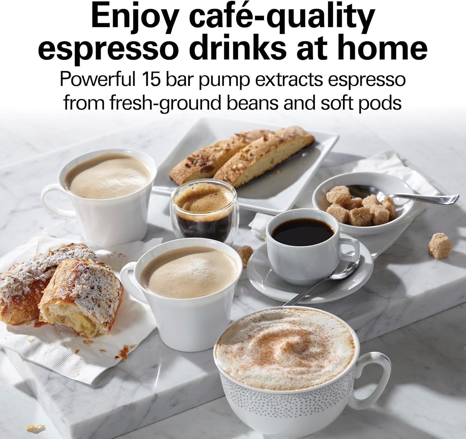 imageHamilton Beach 15 Bar Espresso Machine Cappuccino Mocha amp Latte Maker with Milk Frother Make 2 Cups Simultaneously Works with Pods or Ground Coffee 50 oz Water Reservoir Black