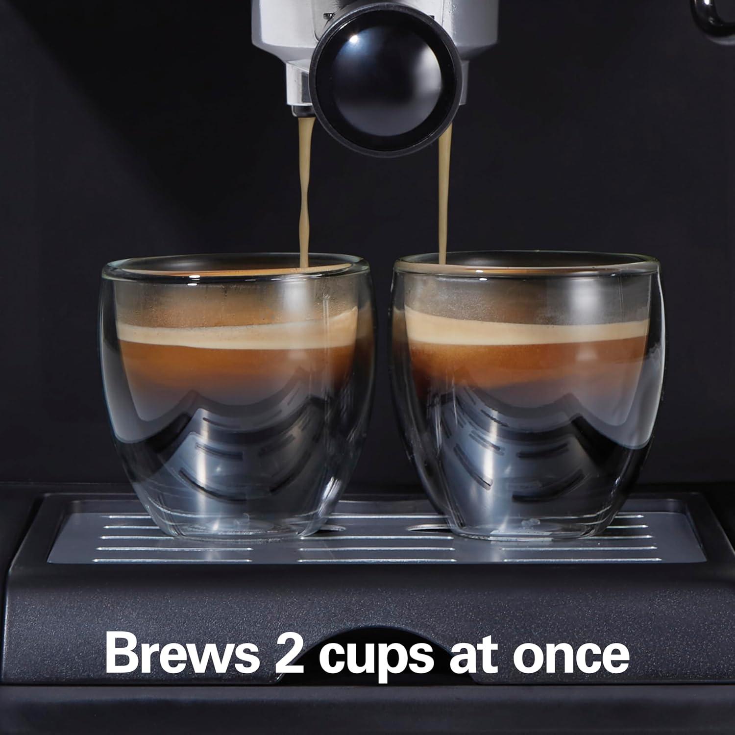 imageHamilton Beach 15 Bar Espresso Machine Cappuccino Mocha amp Latte Maker with Milk Frother Make 2 Cups Simultaneously Works with Pods or Ground Coffee 50 oz Water Reservoir Black