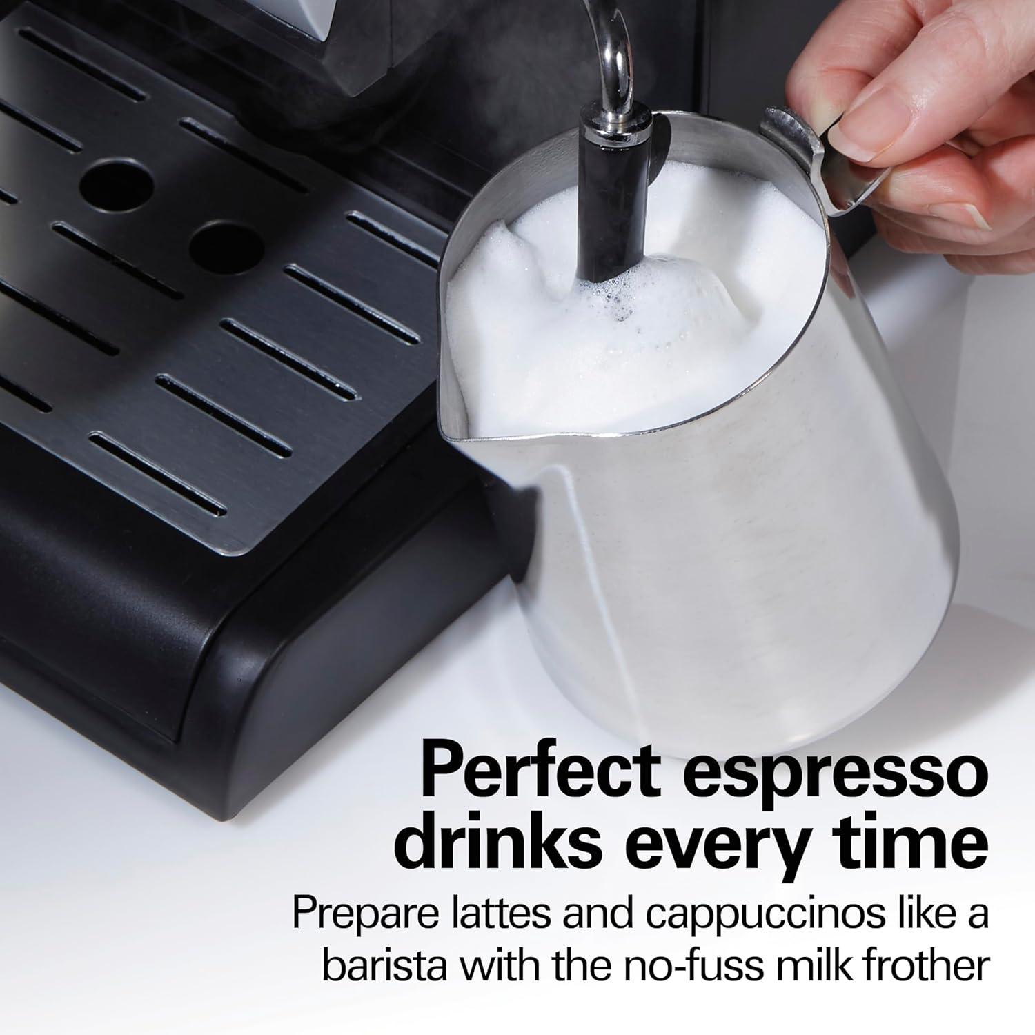 imageHamilton Beach 15 Bar Espresso Machine Cappuccino Mocha amp Latte Maker with Milk Frother Make 2 Cups Simultaneously Works with Pods or Ground Coffee 50 oz Water Reservoir Black