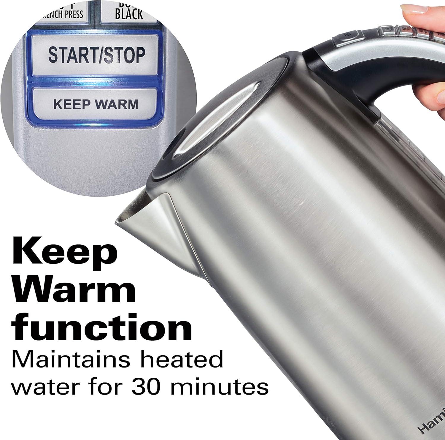 imageHamilton Beach 17 Liter Temperature Control Electric Kettle Water Boiler amp Heater Fast Boiling 1500 Watts BPA Free Cordless AutoShutoff and BoilDry Protection Stainless Steel 41020R18 Quarts