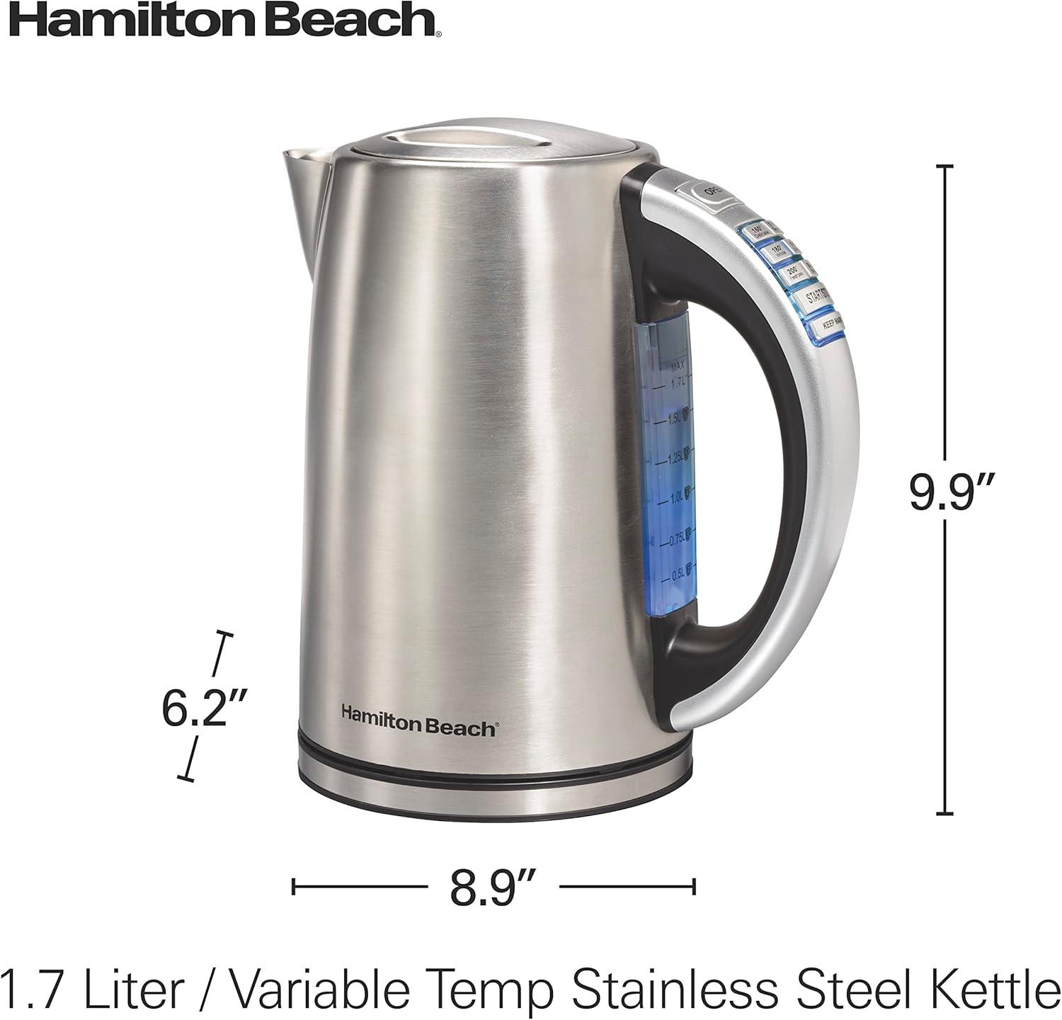 imageHamilton Beach 17 Liter Temperature Control Electric Kettle Water Boiler amp Heater Fast Boiling 1500 Watts BPA Free Cordless AutoShutoff and BoilDry Protection Stainless Steel 41020R18 Quarts