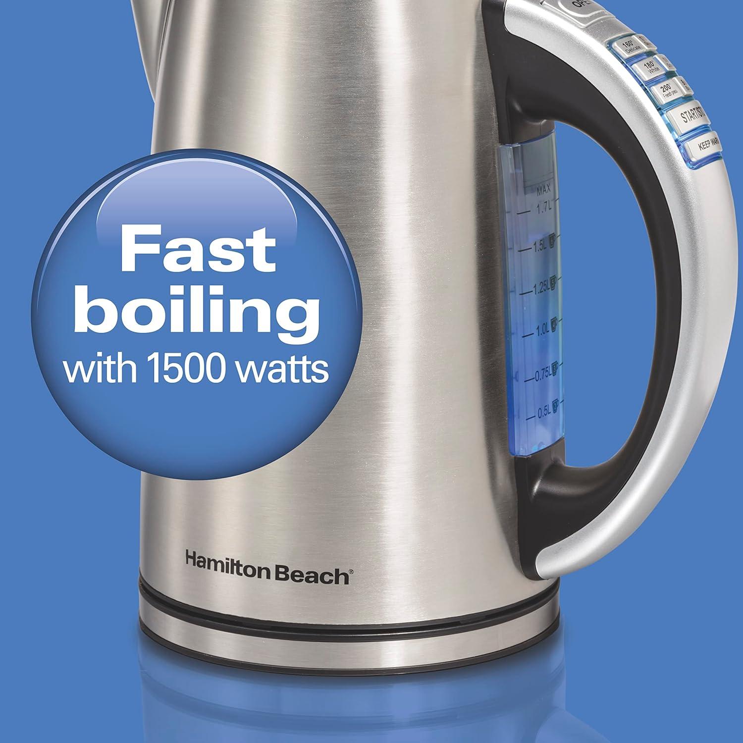 imageHamilton Beach 17 Liter Temperature Control Electric Kettle Water Boiler amp Heater Fast Boiling 1500 Watts BPA Free Cordless AutoShutoff and BoilDry Protection Stainless Steel 41020R18 Quarts Pack of 2
