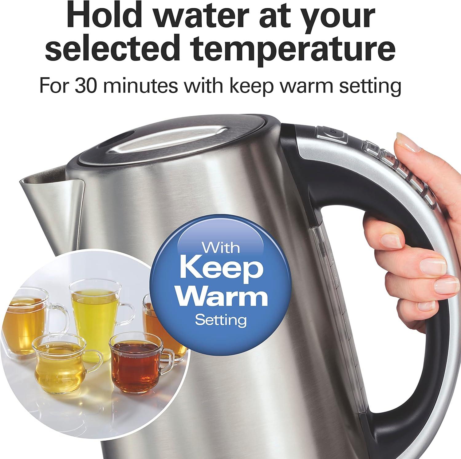 imageHamilton Beach 17 Liter Temperature Control Electric Kettle Water Boiler amp Heater Fast Boiling 1500 Watts BPA Free Cordless AutoShutoff and BoilDry Protection Stainless Steel 41020R18 Quarts