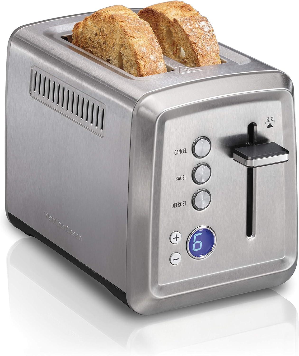 imageHamilton Beach 2 Slice Toaster with ExtraWide Slots Bagel Setting Toast Boost SlideOut Crumb Tray AutoShutoff amp Cancel Button Defrost Function Stainless Steel 22794Stainless Steel