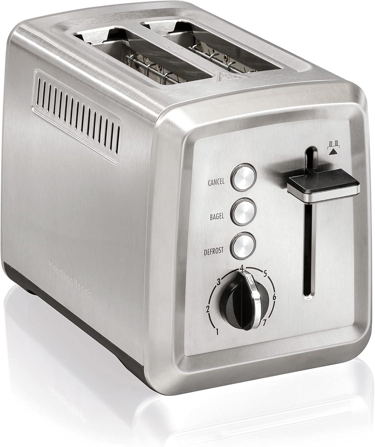 imageHamilton Beach 2 Slice Toaster with ExtraWide Slots Bagel Setting Toast Boost SlideOut Crumb Tray AutoShutoff amp Cancel Button Defrost Function Stainless Steel 22794Stainless Steel