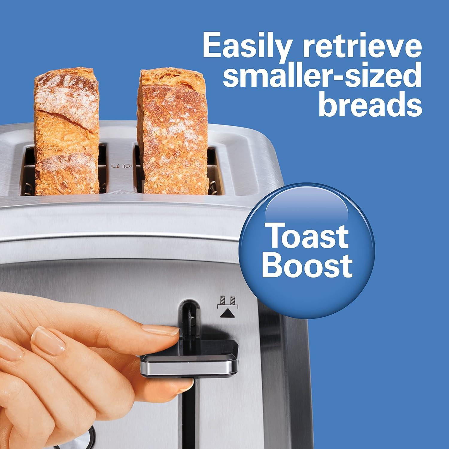 imageHamilton Beach 2 Slice Toaster with ExtraWide Slots Bagel Setting Toast Boost SlideOut Crumb Tray AutoShutoff amp Cancel Button Defrost Function Stainless Steel 22794Stainless Steel