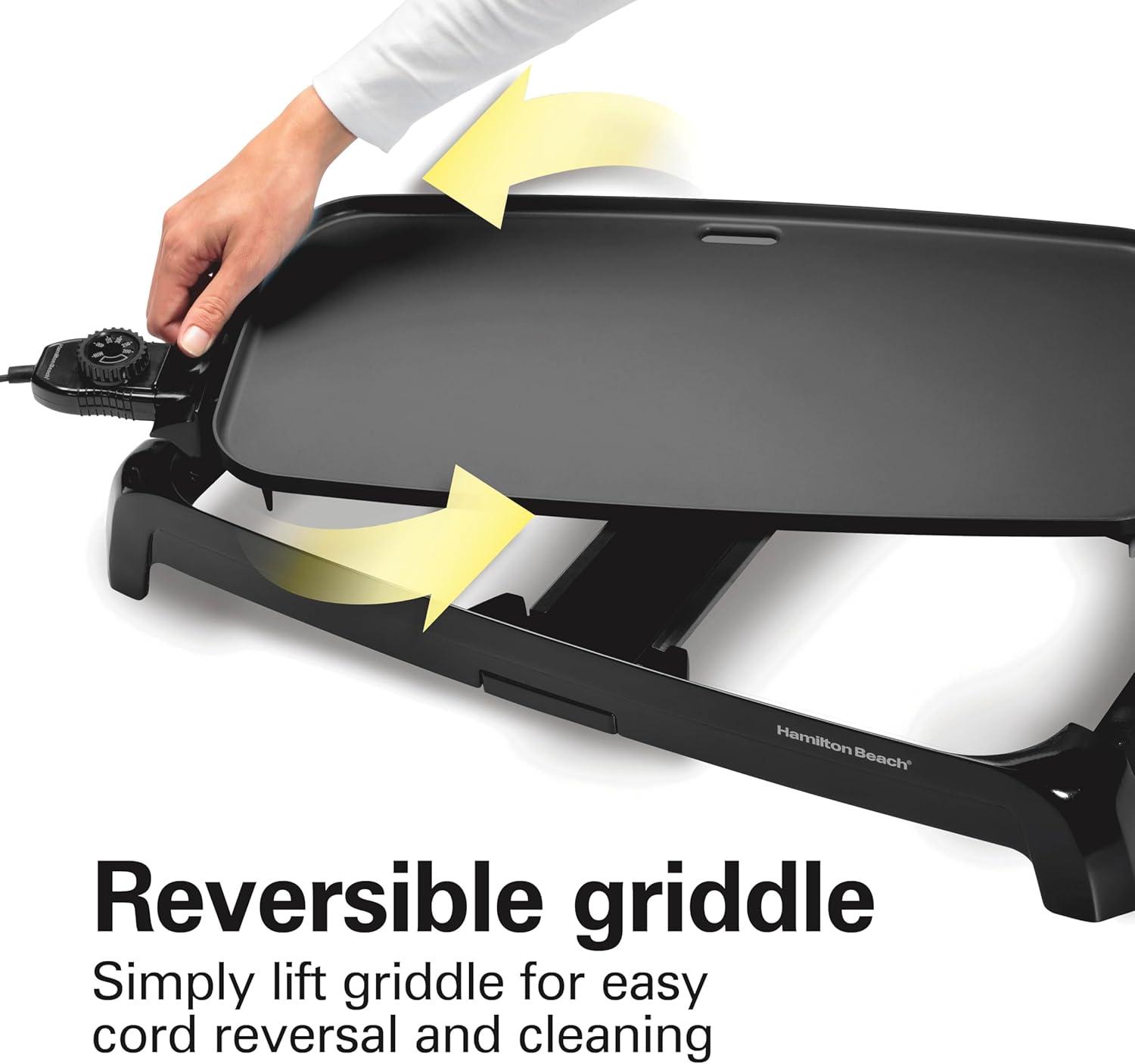 imageHamilton Beach 200 Sq In Electric Griddle With Adjustable Temperature for 200 to 400 degrees PTFE amp PFOA Free Durathon Ceramic Reversible Nonstick Surface Black 38522