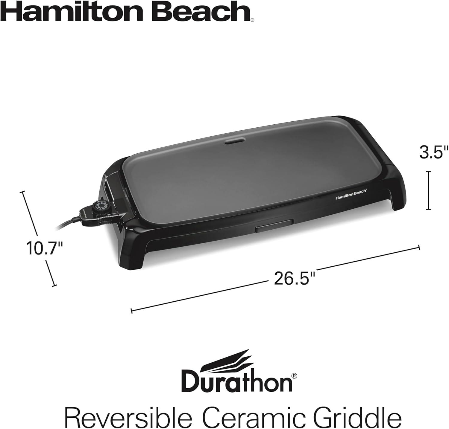 imageHamilton Beach 200 Sq In Electric Griddle With Adjustable Temperature for 200 to 400 degrees PTFE amp PFOA Free Durathon Ceramic Reversible Nonstick Surface Black 38522