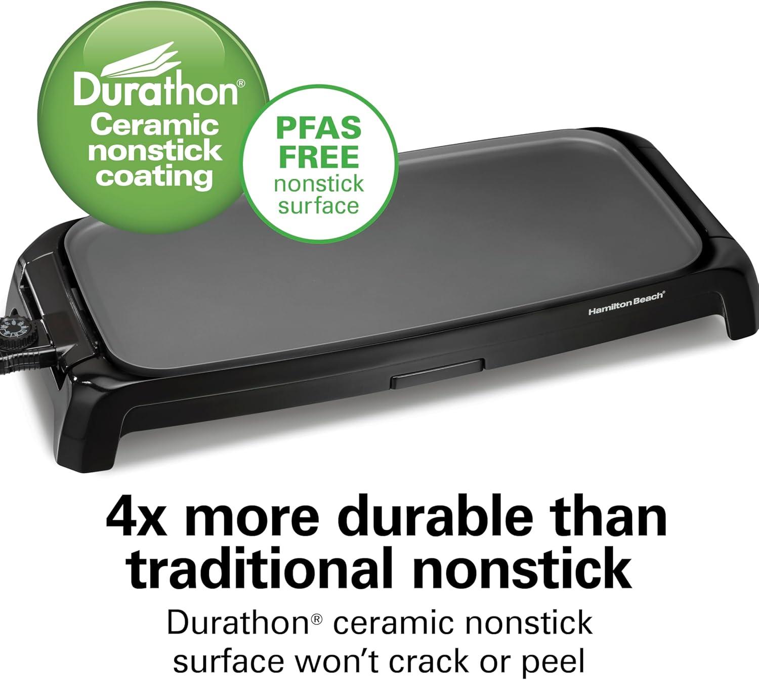 imageHamilton Beach 200 Sq In Electric Griddle With Adjustable Temperature for 200 to 400 degrees PTFE amp PFOA Free Durathon Ceramic Reversible Nonstick Surface Black 38522